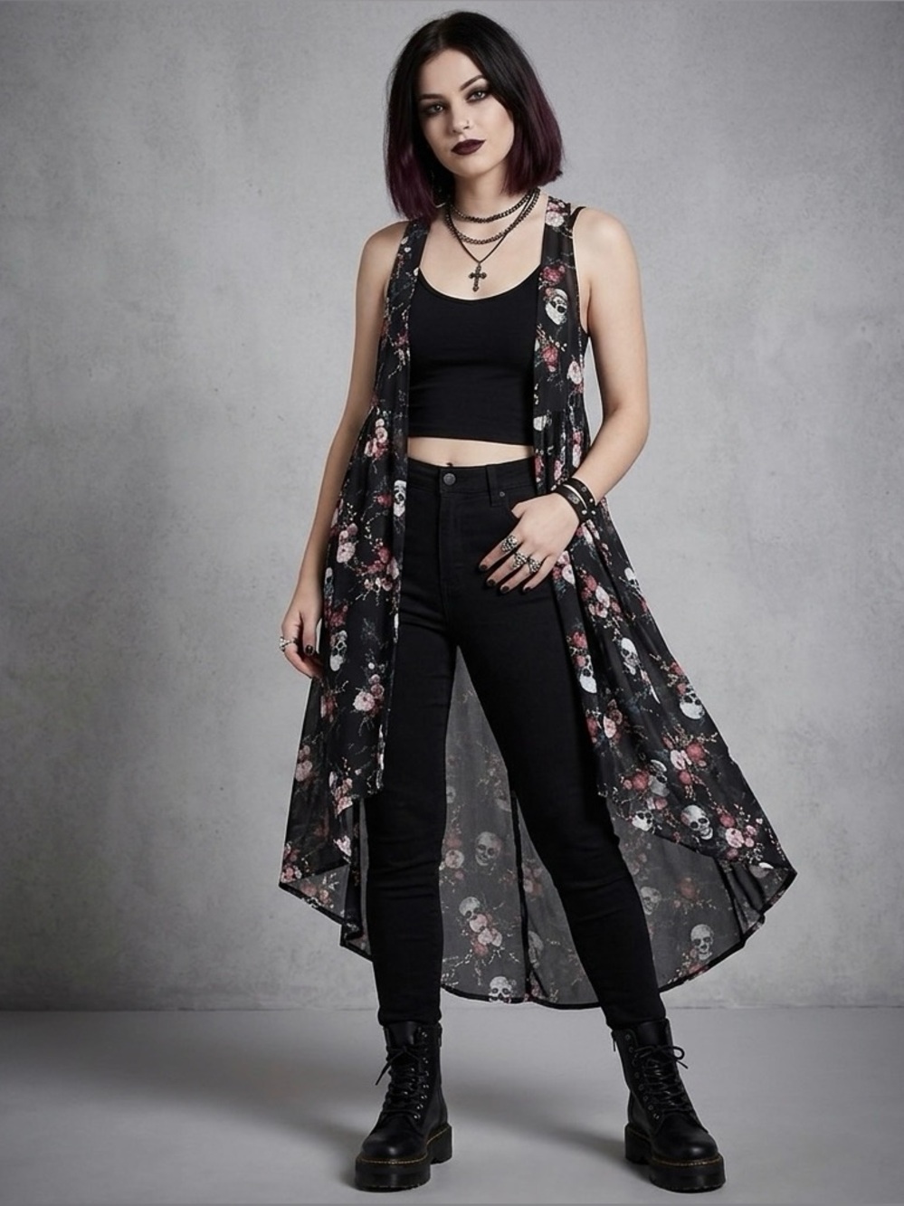 Hot Topic Black Skull Floral Duster